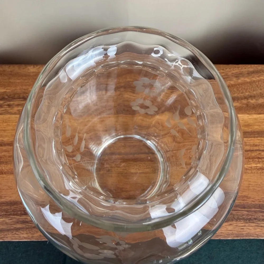 Vintage Hand Blown Optic Glass Vase Etched Floral Scalloped Rim Clear 8 inch